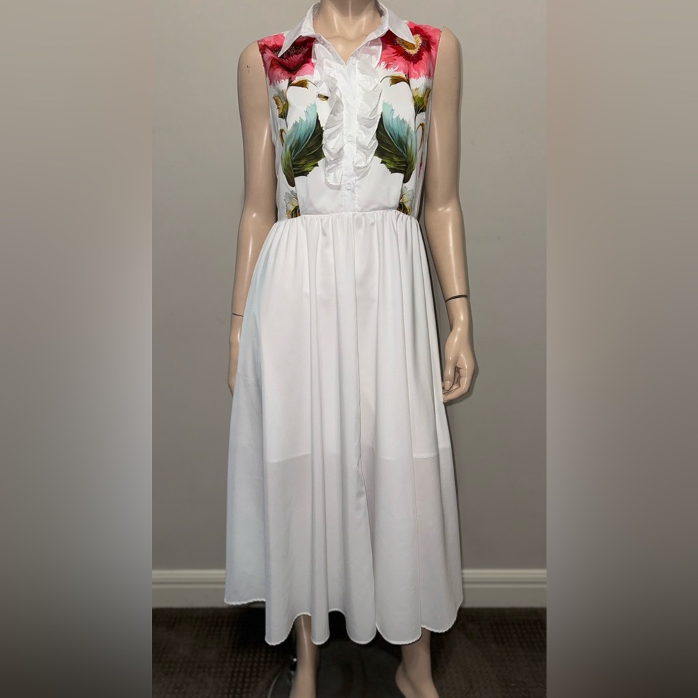 White Floral White Sleeveless Midi Dress